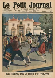 Végzetes párbaj egy spanyol színház színpadán a „Carmen” opera harmadik felvonása közben, a „Le Petit Journal” címlapjának illusztrációja, 1913. április 6.